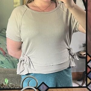 Anthro Marjorie Cotton Modal Blend Beige Ribbed Cinch Waist Blouse Size Large